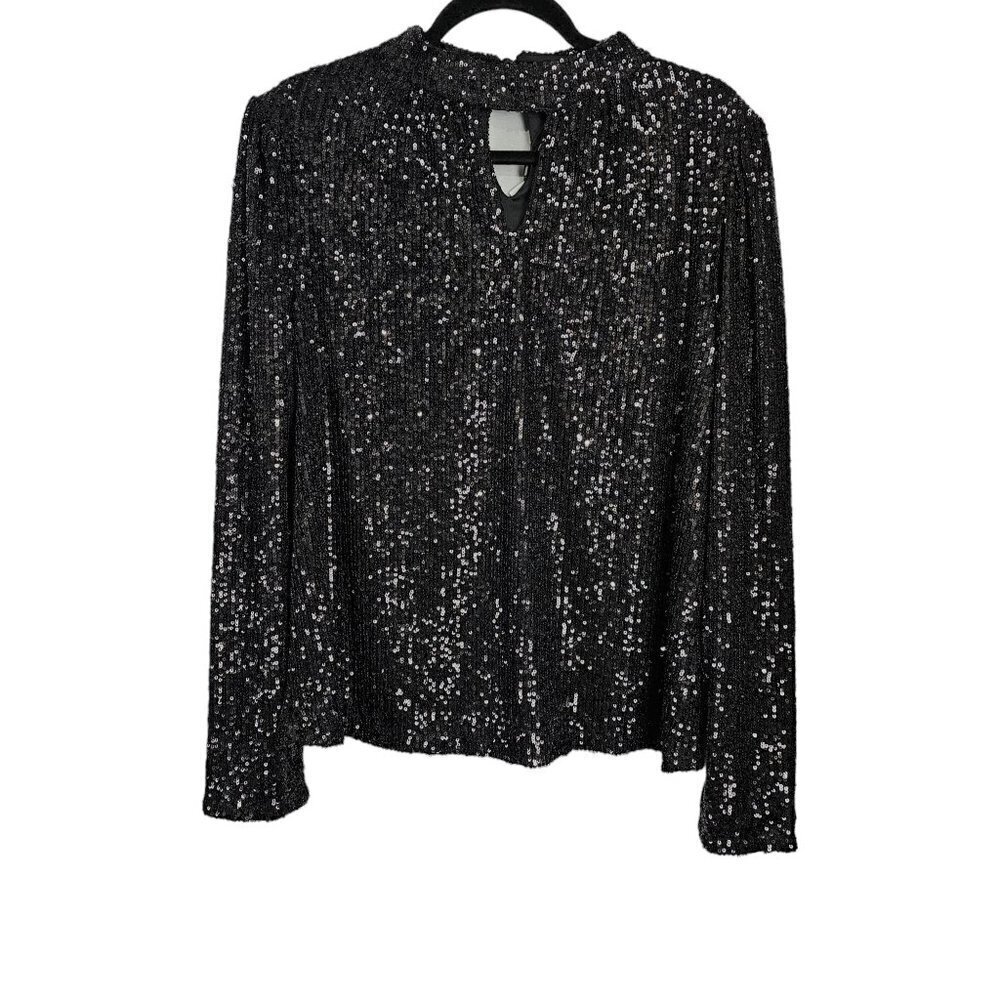 Cable & Gauge Long Sleeve Sequins Keyhole Black Top